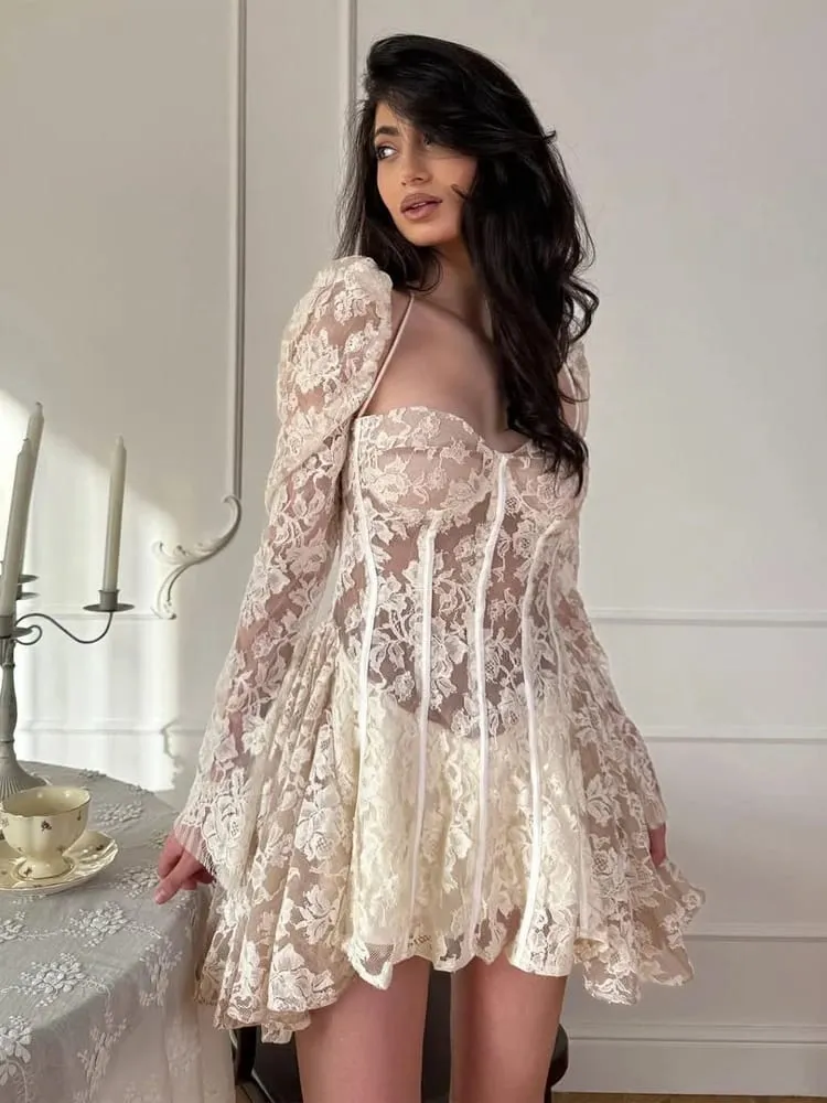 White Lace Lace-up Fishbone Mini Dress Women Chic Backless Full Sleeve See Through A-line Dresses 2026 Lady Evening Party Robe — image 2