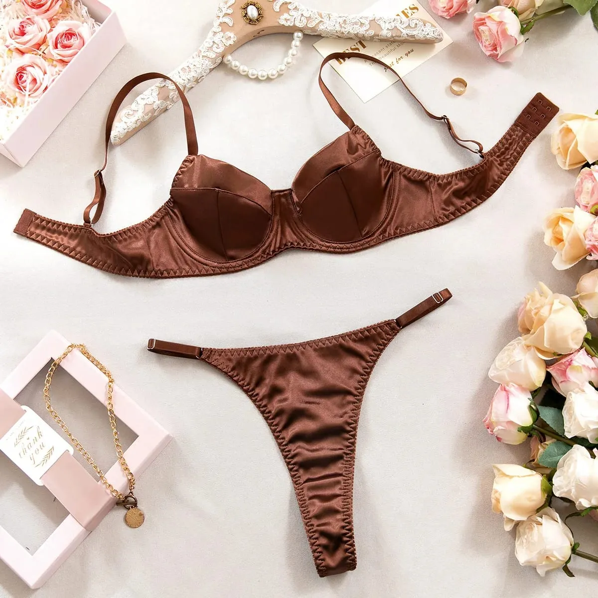 2 Pcs Sexy Bra Set Women Underwear Underwire Push Up Satin Patchwork Bras and Thongs Suits Attractive Bilizna Intimate Set — image 8