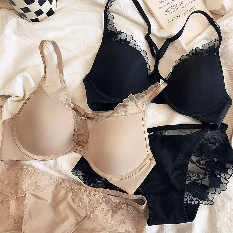 Women Lace Bra Front Open See Through Brief Set Elegant Thin Lingerie Set Ladies Bra Set Underwear — image 3