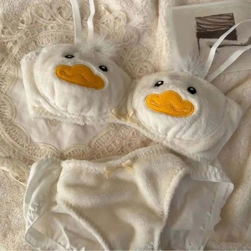 Women's 2Pcs Furry Bra and Panty Set Cartoon Duck Pattern Fuzzy Plush Wireless Underwear Japanese Anime Lingerie