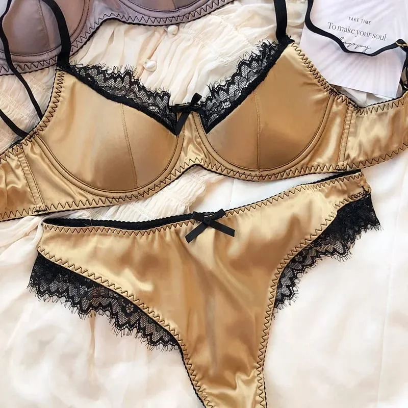 Sexy renda fina copo lingerie para mulher francês push up sutiã conjunto de tecido de seda de alta qualidade conforto respirável roupa interior conjunto — image 10