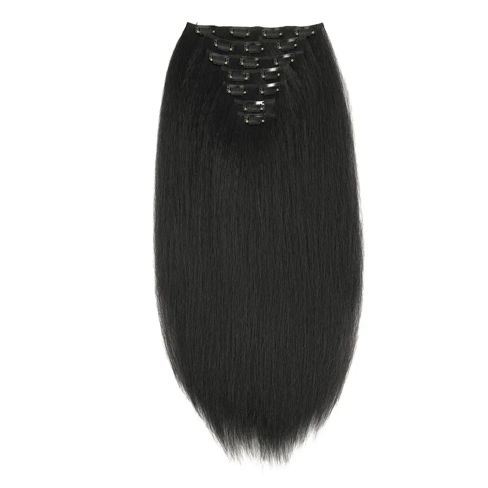 22icnh Synthetic Yaki Straight Clip In Hair Extensions For Women Black Heat-Resistant Fiber 7Pcs/Set Hairpiece