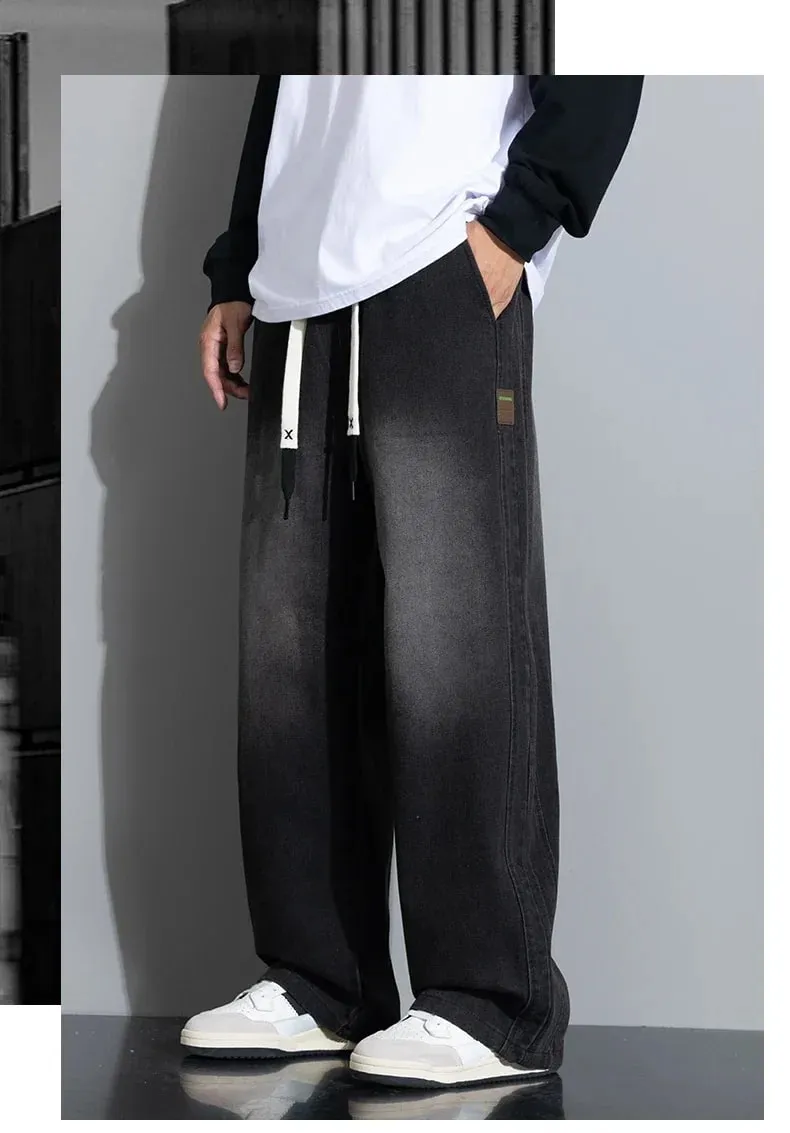 Spring New Wide Jeans Men Straight Vintage Drawstring Trousers Loose Pants Casual Solid Color Fashion Pants Big Size — image 8