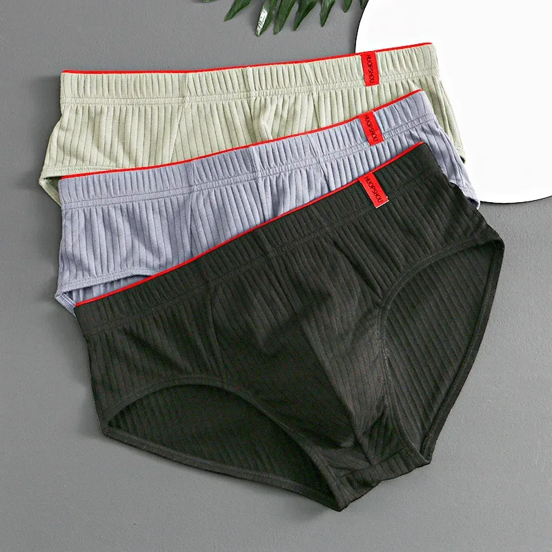 1/3PCS Panlalaking Brief sa Gitnang Baywang Elastic Soft Breathable Anti-septic U Convex Striped Solid Color Casual Men Underpants Underwear men — image 5