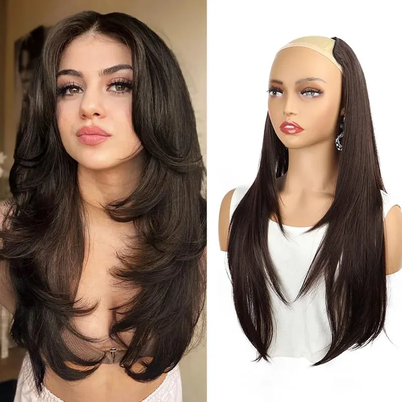 Synthetic Long Straight 22Inch Layered Clip-in Hair Extension V-shaped Black Blonde Invisible Hairpiece for Women Party Girl — image 8