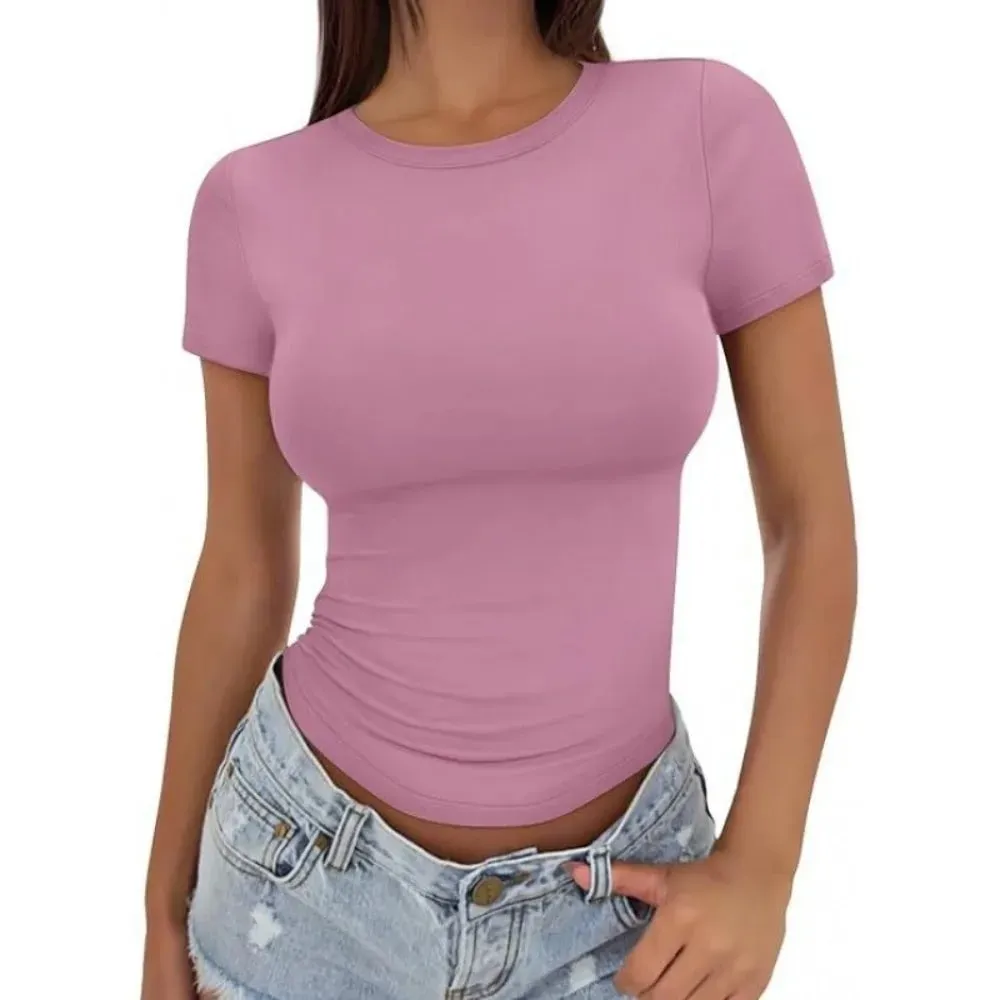 Trendy Stretchy Fitted T Shirt Breathable Soft Crop Top Solid Color Lightweight Short Sleeve Tee Streetwear Style — image 7