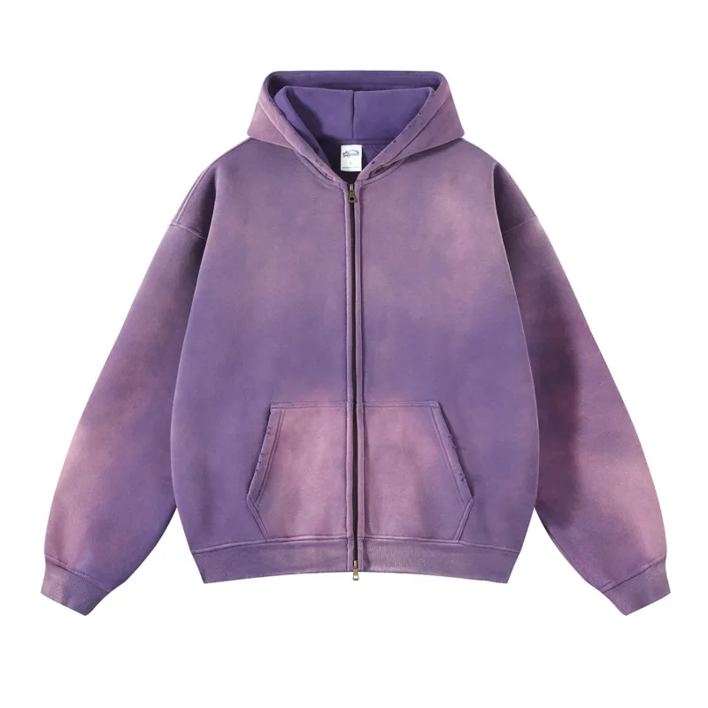 Moletom com capuz masculino com zíper, tie-dye lavado, cardigan duplo grande, solto, plus, gradiente de pelúcia, pulôveres com capuz para inverno — image 3