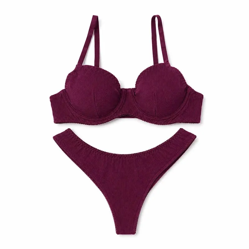 Conjunto de lingerie feminina sólida com nervuras, sutiã com copo fino, tanga de cintura baixa, macio, íntimo diário — image 10