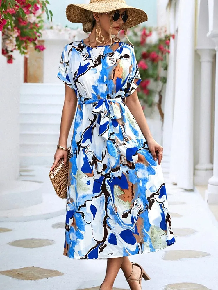 Women Long printed Dress with sashes Fashion Slim Chiffon O-neck A-line Loose Dress Elegant female holidays beach dresses