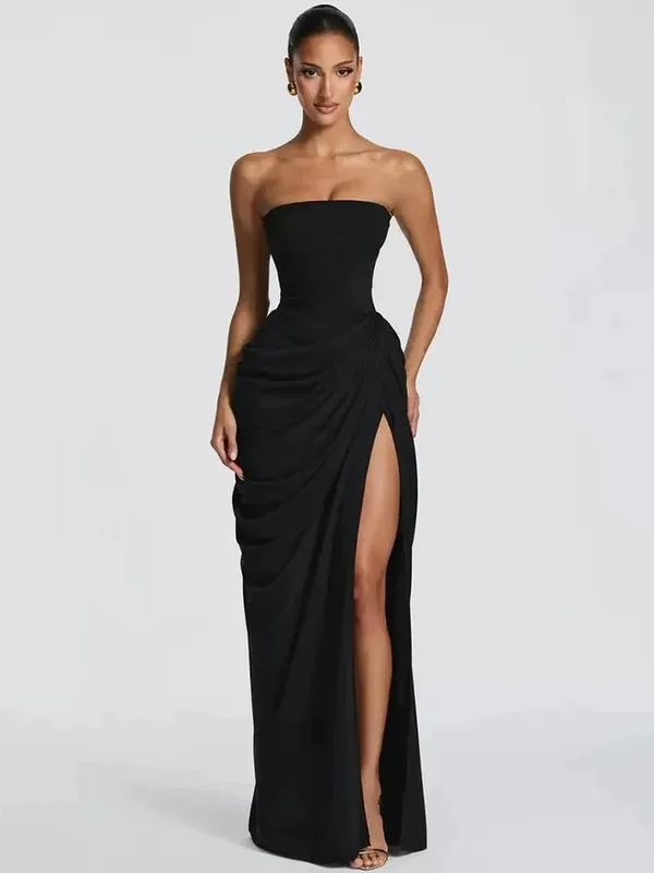 Mozision Chiffon Off-shoulder Strapless Sexy Maxi Dress Women Elegant Sleeveless Backless High Split Ruched Club Party Dress