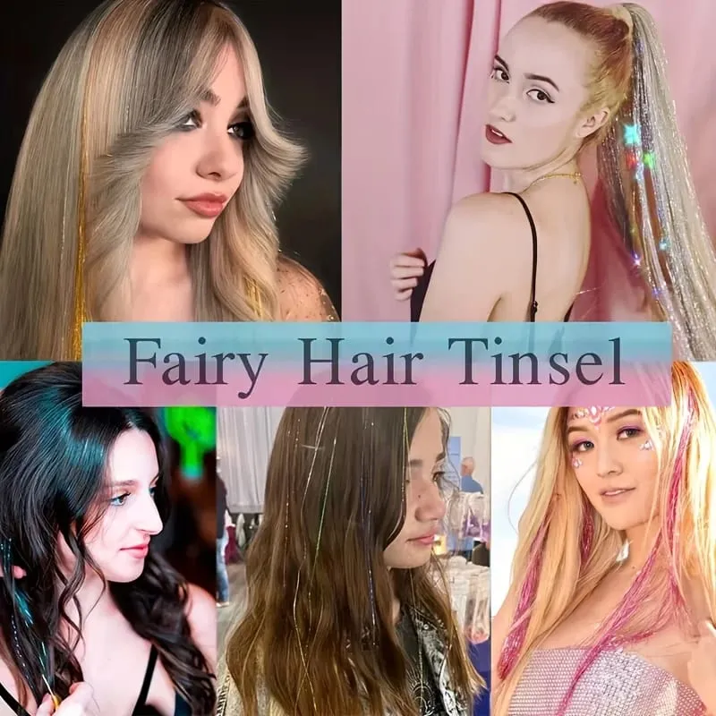 4 Packs 22inch Fairy Tinsel Hair Extensions Kit for Women Holographic Synthetic Hair Extension for Quick Hair Color Change — image 6