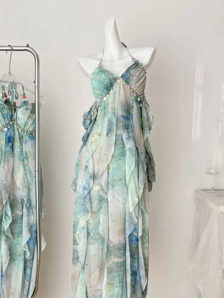 2025 elegante halter pescoço babados maxi vestido feminino azul verde floral impressão boêmio design praia férias casual vestido de festa novo — image 2