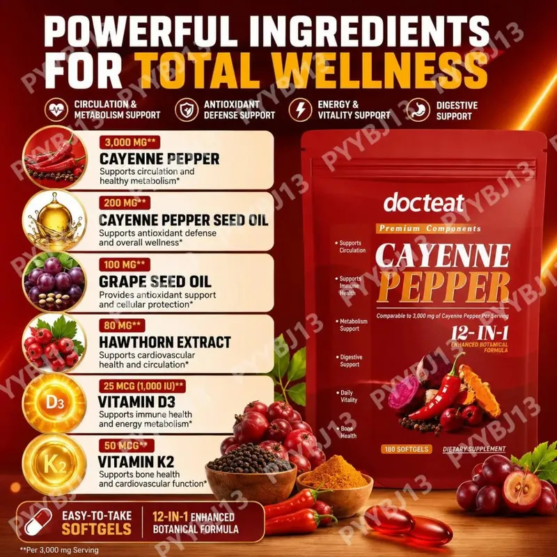 Docteat Cayenne Pepper Softgels na may Vitamin D3 at K2 Energy Metabolism at Digestive Support Antioxidant Defense 180 Softgels — image 4