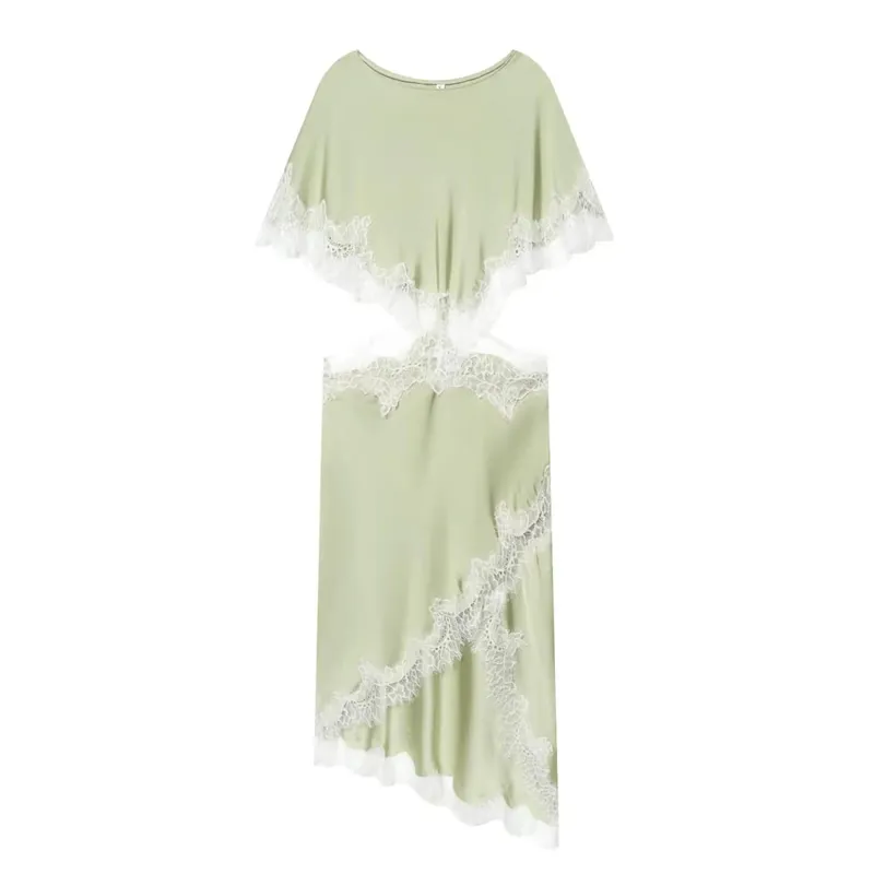 Women's Lace Trim Dress Cloak Sleeve Asymmetric Hem Cut Out Mini Dress Elegant Street Fashion Casual O Neck Dresses