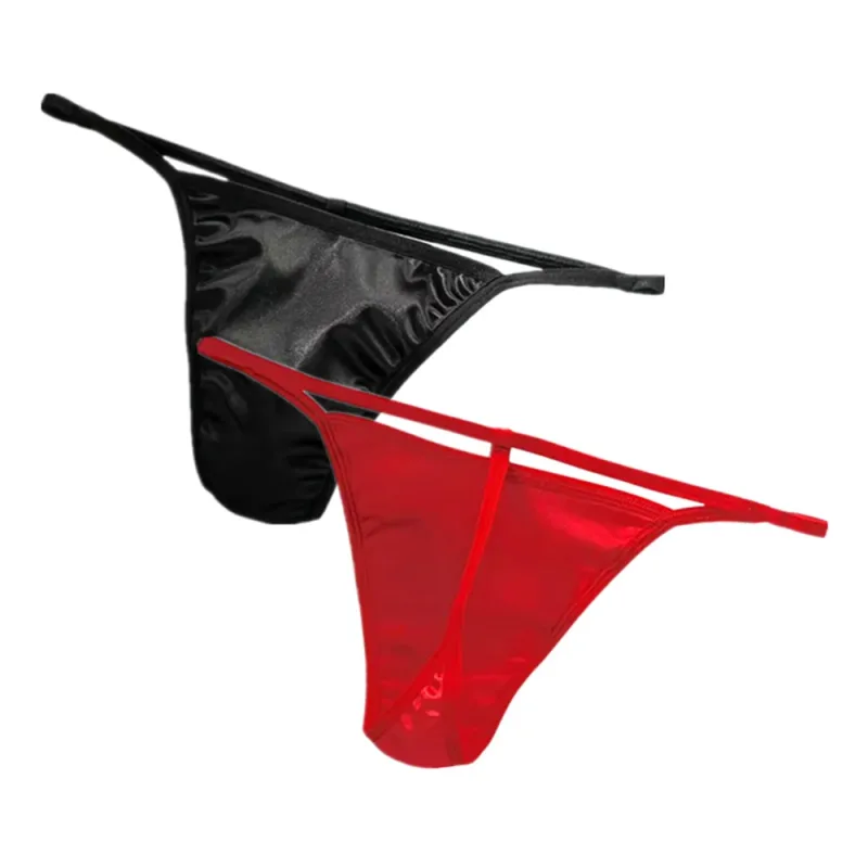 2PCS Men's T-back Thong Sexy Thin Strap Glossy Ice Silk Underwear Male U Convex Night Bikini Low Waist Plus Size Satin G-strings — image 1