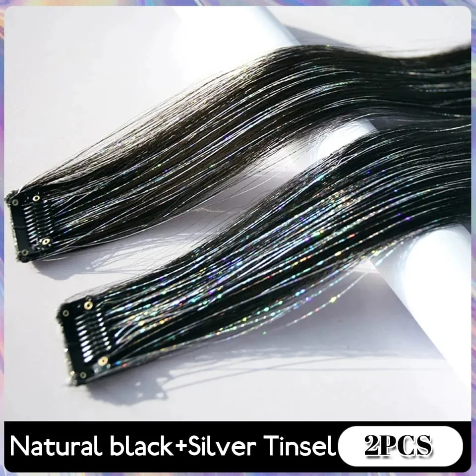 Shiny Sparkle Hair Extension Clip In Hair Tinsel Glitter Fairy Hair Tinsel Kit Heat Resistant 2Pcs Hair Streak Synthetic Hair