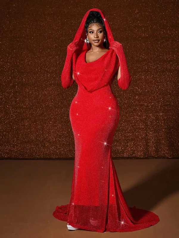 Plus size chapéu sexy cintura quente ouro peixe cauda balanço longo cor sólida fishtail pacote fino hip vestido com capuz
