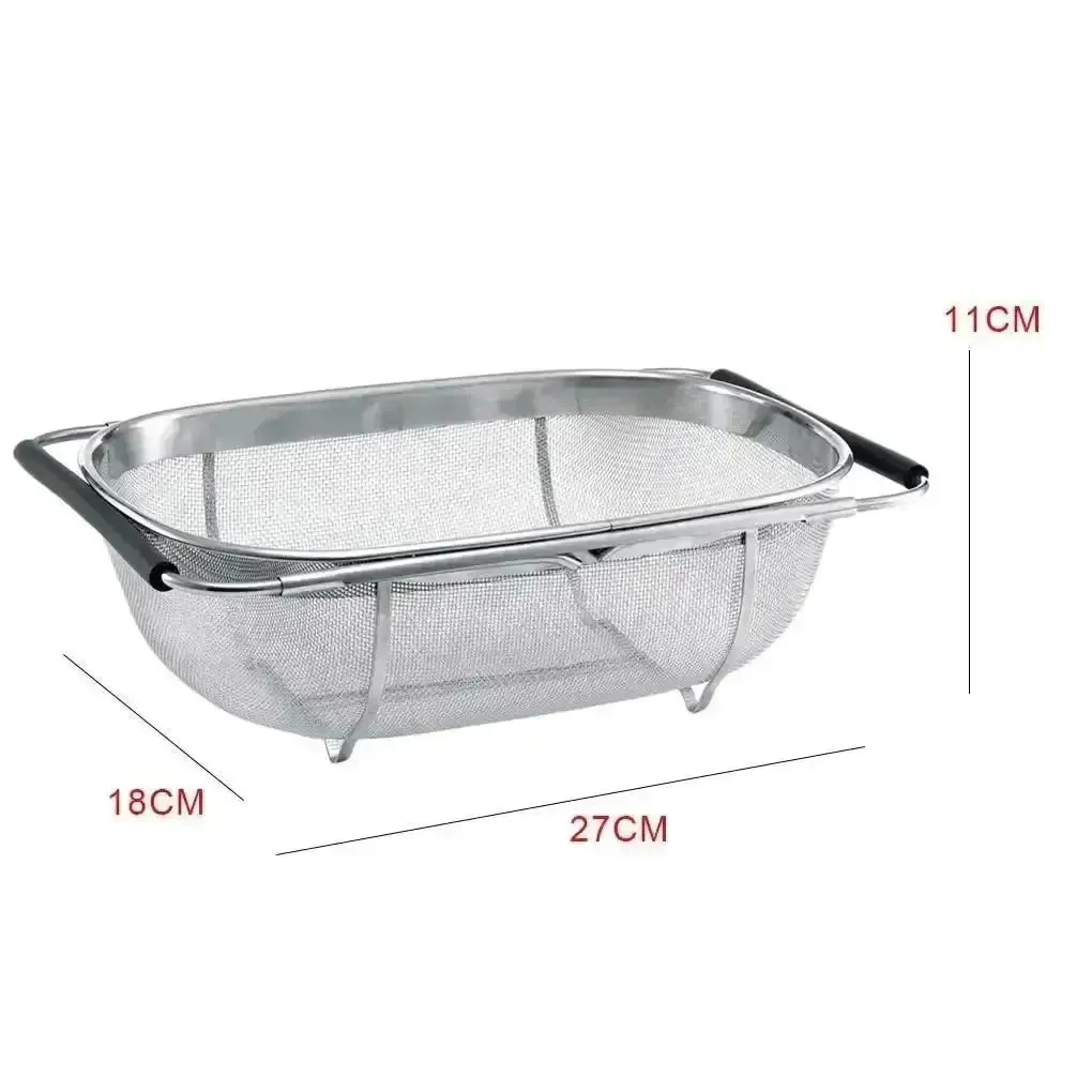 Retractable Drain Basket Rubber Grip Handles Oval Colander Sink Vegetables Draining Rack Home Storage Basket Stainless Steel
