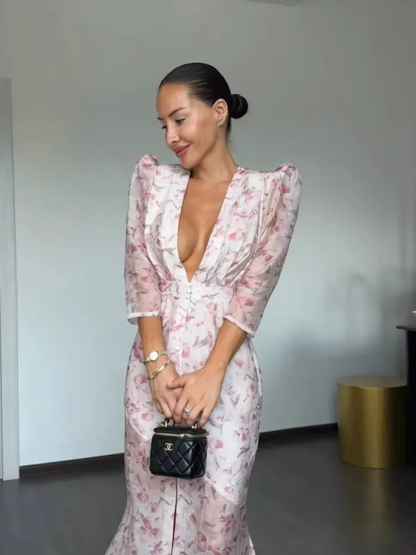Elegant tryckt damklänning Organza Djup V-ringad Halvärmad midja Klänningar med plisserade plisseringar 2026 Summer Lady Holiday Party Robe