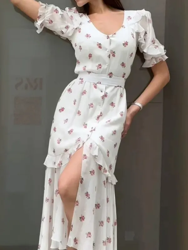White Pink Floral Choker Neck Dress Women Elegant V-neck 3/4 Sleeves Peplum Ruffle Hem Long Dresses 2026 Lady Daily Vestidos New — image 14