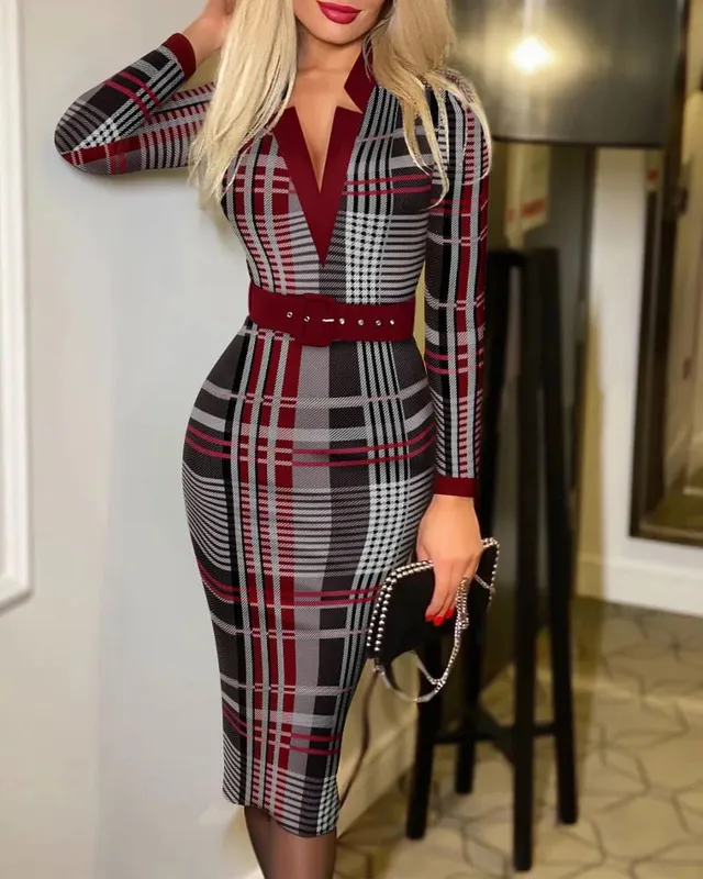 Sexig geometriskt mönster för kvinnor med v-ringad midi pennklänning med bälte Långärmad stickad Bodycon-klänning Lämplig för alla årstider — image 2