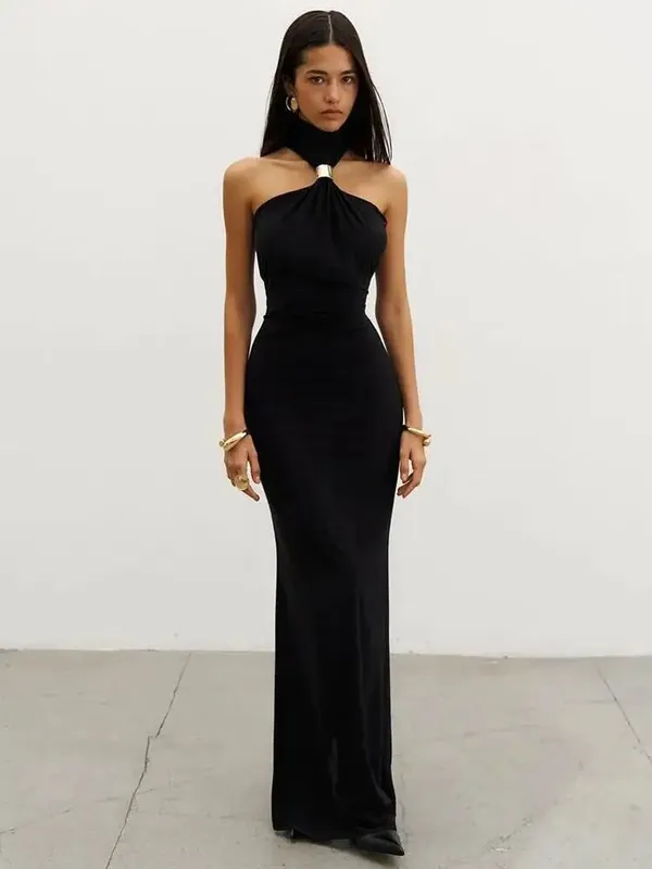 Balitops anel de ouro gola alta maxi tanque vestido feminino verão novo fino ajuste vestido feminino sem mangas volta dividir bodycon vestido longo