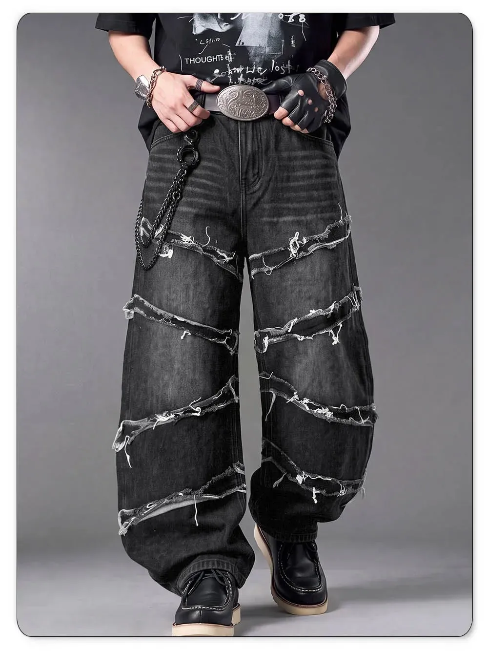 Men's Gothic Baggy Jeans Raw Frayed Edge Deconstructed Patchwork Wide Leg Denim Pants Y2K Punk Streetwear Trousers — image 6