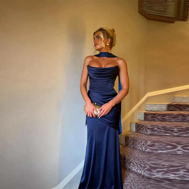 Babaeng Sexy Pleated Strapless Satin Dress Chic Solid Off-Shoulder Backless High Waist Bodycon Dresses 2026 Bagong Evening Party Gown — image 3