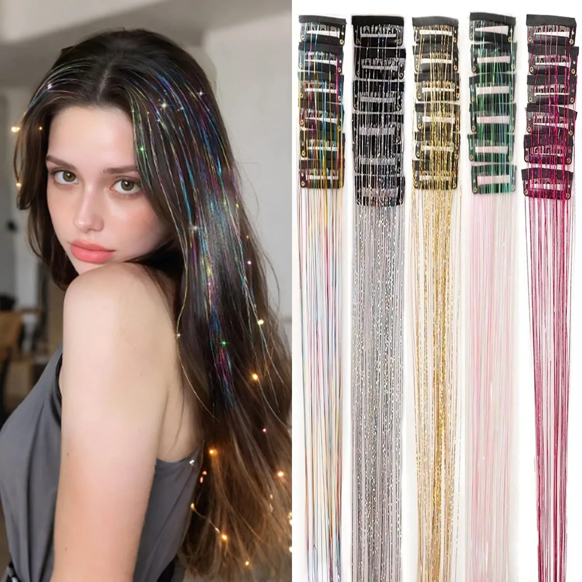 12Pcs Synthetic Hair Tinsel Clip in 20Inch Glitter Tinsel Hair Clip in Hair Tinsel Kit Heat Resistant Shiny Sparkle Fairy Hair — image 2