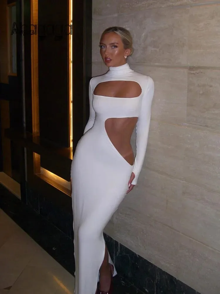 Ahagaga Sexy Dresses For Women Solid Turtleneck Regular Long Sleeves Hollow Out Sheath Basci Slim Fit Female Vestidos Party — image 2