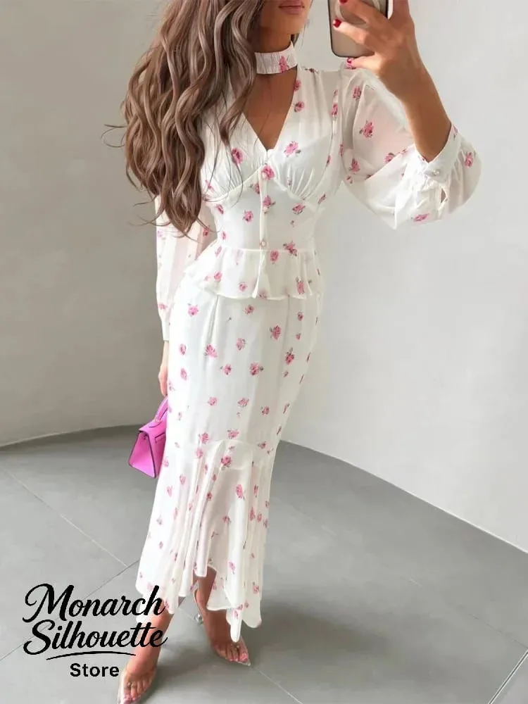 White Pink Floral Choker Neck Dress Women Elegant V-neck 3/4 Sleeves Peplum Ruffle Hem Long Dresses 2026 Lady Daily Vestidos New — image 2