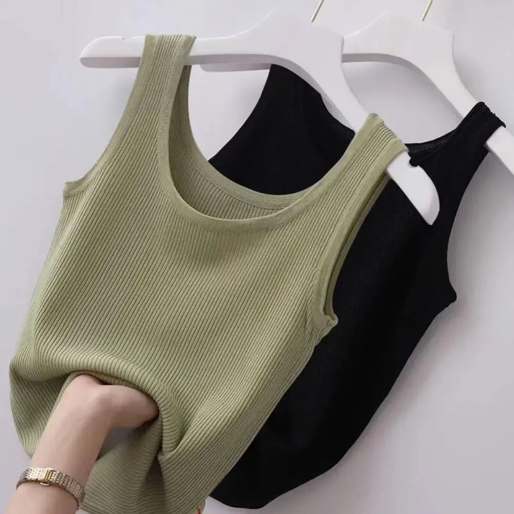 2024 Polyester Sexy Sleeveless Camisole Basic Top Solid Color Summer Camisole Streetwear Tees T-Shirt Spring Knitted Tank Women — image 3