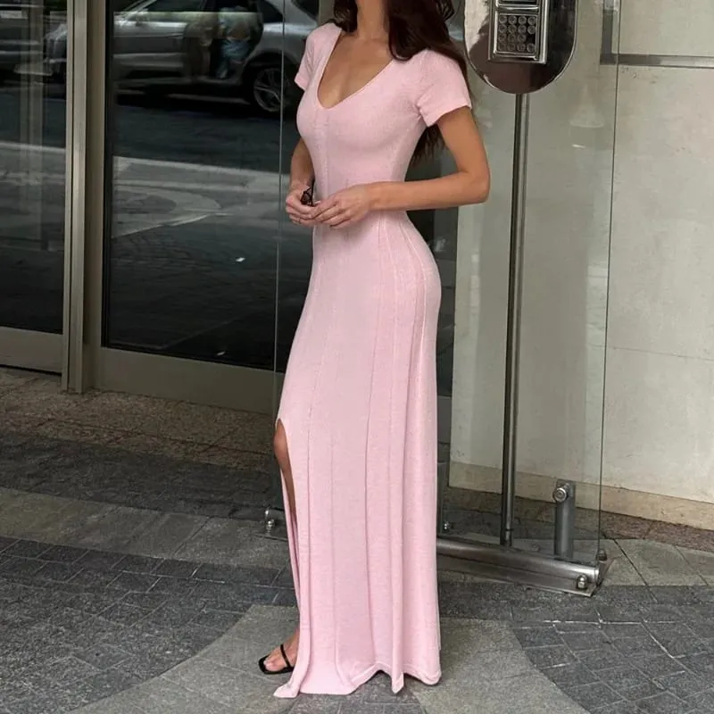 Tsiisd vestido maxi de malha canelada para mulheres, decote em v profundo, slim, fenda alta, elegante, patchwork, vestido de festa feminino, malhas