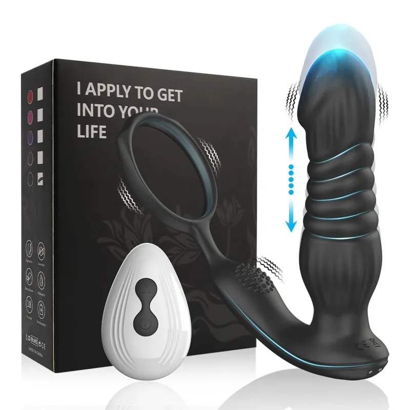 Empurrando Vibrador Anal com Anel Peniano Massageador de Próstata Plugue Anal Vibrador Controle Remoto Butt Plug Brinquedo Sexual para Homens e Casais