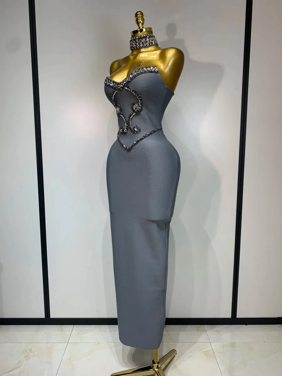 Alta qualidade sem alças miçangas com colar vestido bandagem celebridade elegante festa à noite fantasia clube vestidos de aniversário — image 2