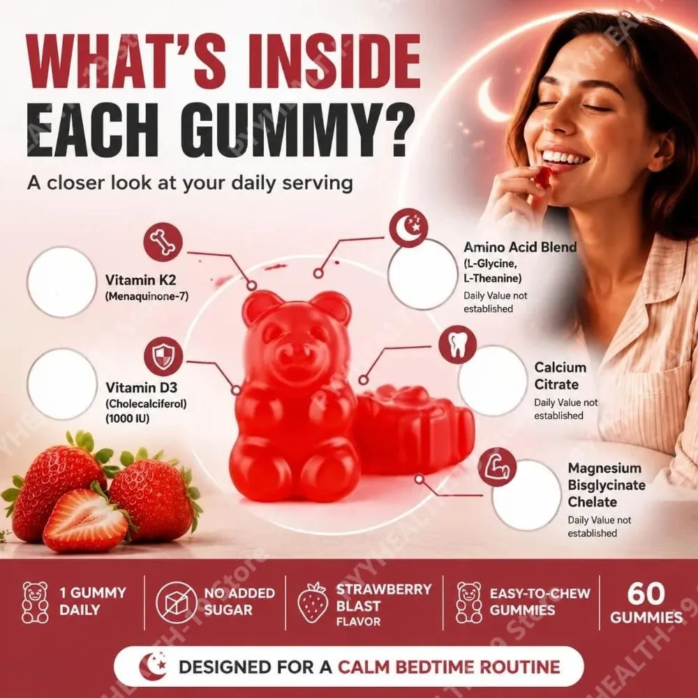 Nutrition Gummies with Vitamin K2 D3 Calcium & Magnesium for Bone Health & Relaxation Sleep Wellness Support Adults 60 Gummies