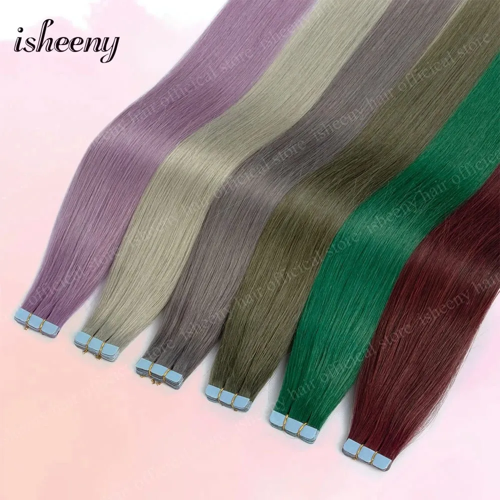 Isheeny 12' 16' 20' Tape In Hair Extensions Invisible Adhesive Tape In Hair Extension 10pcs/pack Pink Purple Blue Colorful Hair — image 6