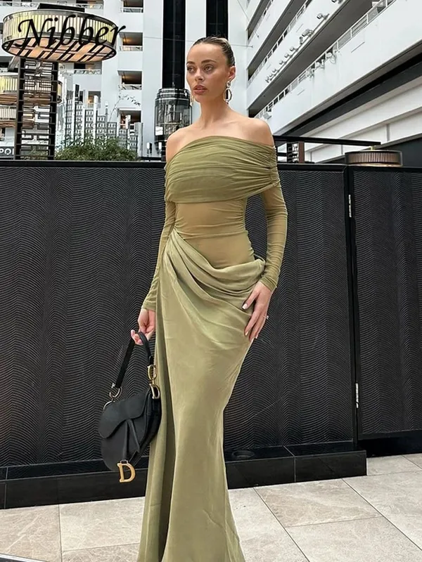 Nibber Sexy Dress Women 2025 Spring Patchwork Mesh Elegant Slash Neck Ruched Fit Chic Birthday Party Festival Bakasyon Vestidos