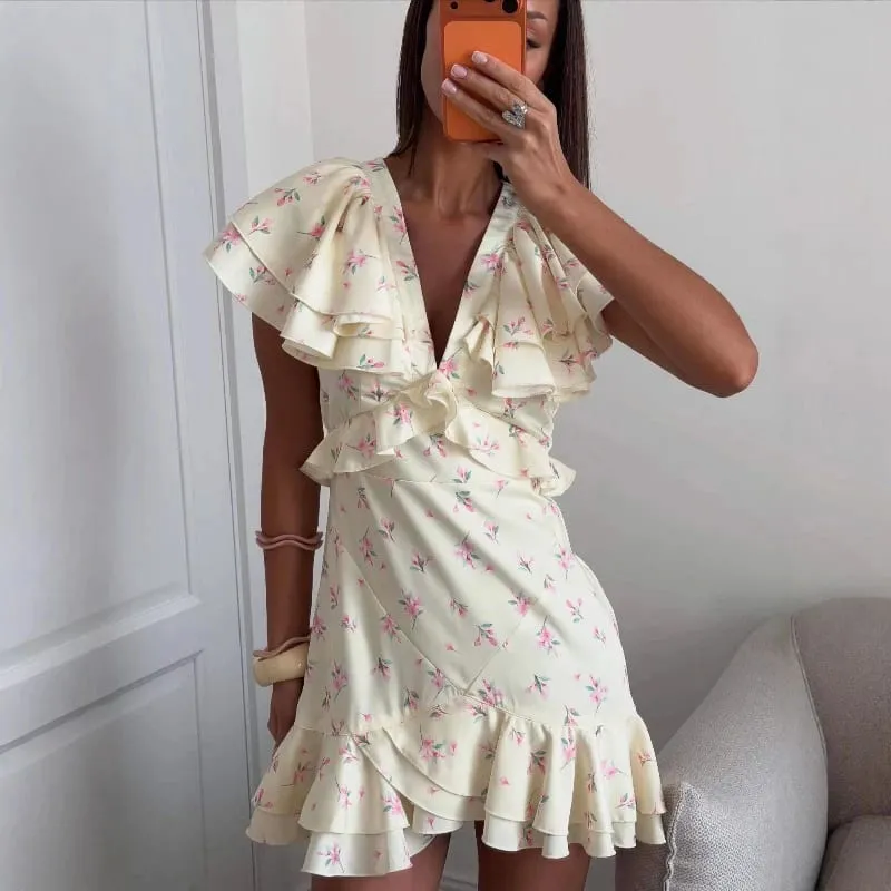 Talenza Elegant Printed Ruffle Dress Women's Summer Fashion Contrast V-Neck Patchwork Dress Vintage Party Women's Casual Dress — image 2