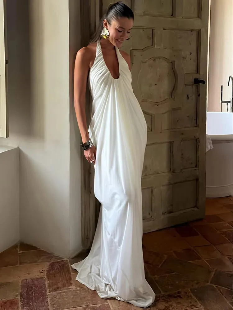 Mozision Mesh Halter Backless Sexy Maxi Dress Women Gown Fashion Elegant V Neck Sleeveless Pleated Club Party Long Dresses — image 3