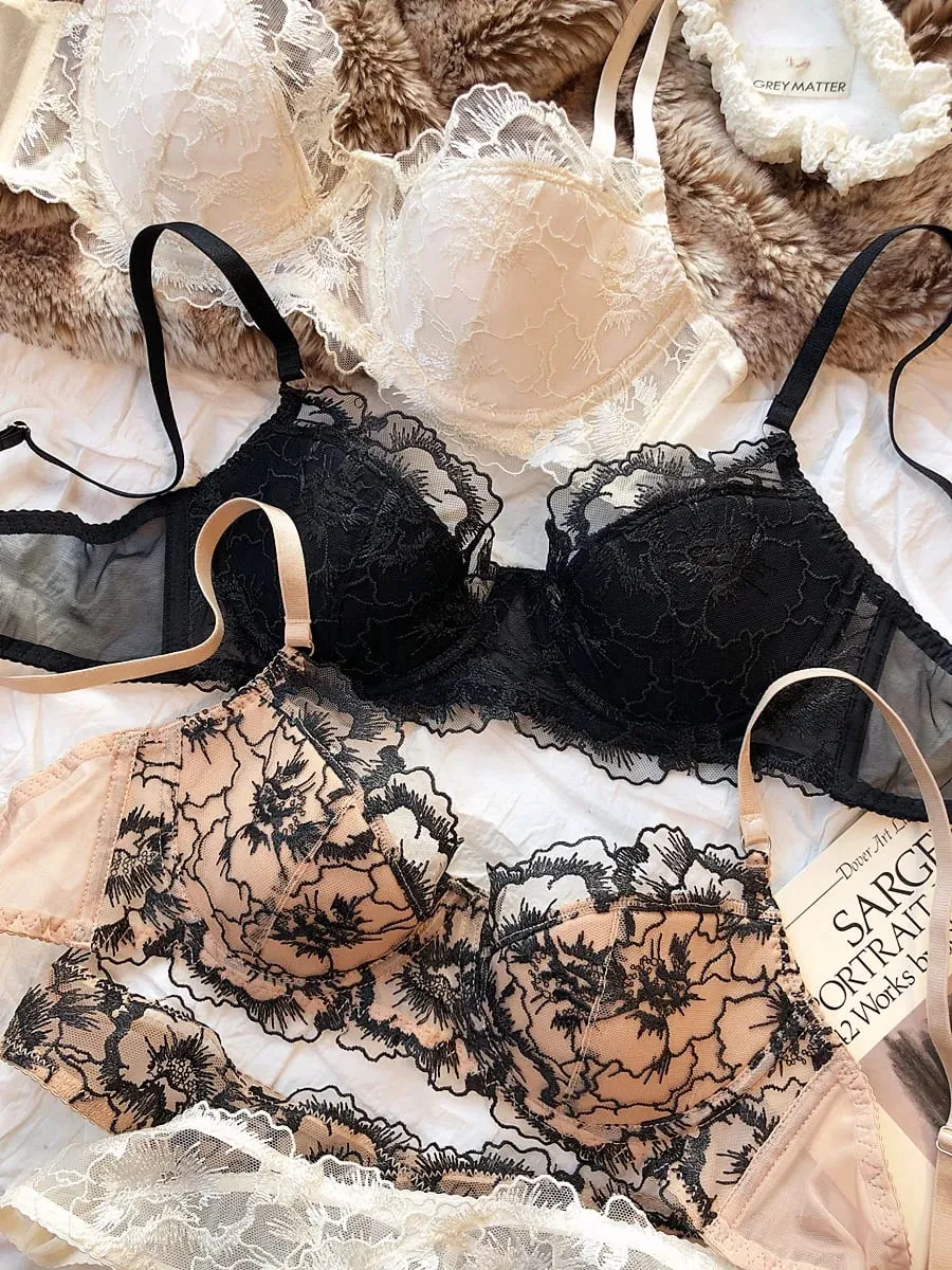 Sexy Women Underwear Set Lace Flowers Embroidery Push Up Bra Set French Thin Cup Comfort Breathable Lingerie Ladies Intimates
