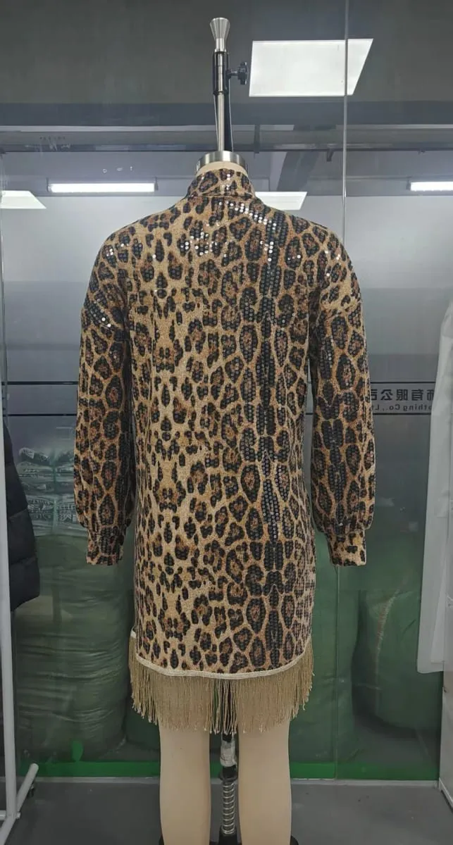 Autumn Winter Fashion Leopard Print Dress Casual Personalized Clothing Long Sleeved Sequins Tassel High Neck Pocket Short Dress — image 5