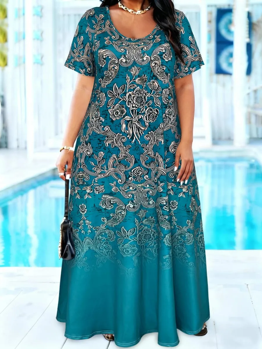 Plus Size Teal Baroque Floral Print Maxi Dress Summer Casual Short Sleeve Scoop Neck Loose Long Sundress na May Pocket — image 3