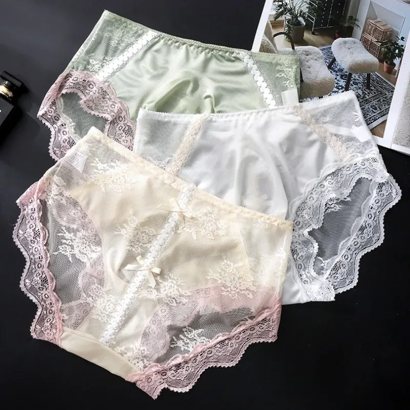Large Size Women Panties for Men Soft Lace Satin Silky Briefs Mid Rise Bulge Pouch Underpant Sweet Sissy Crossdresser Underwear