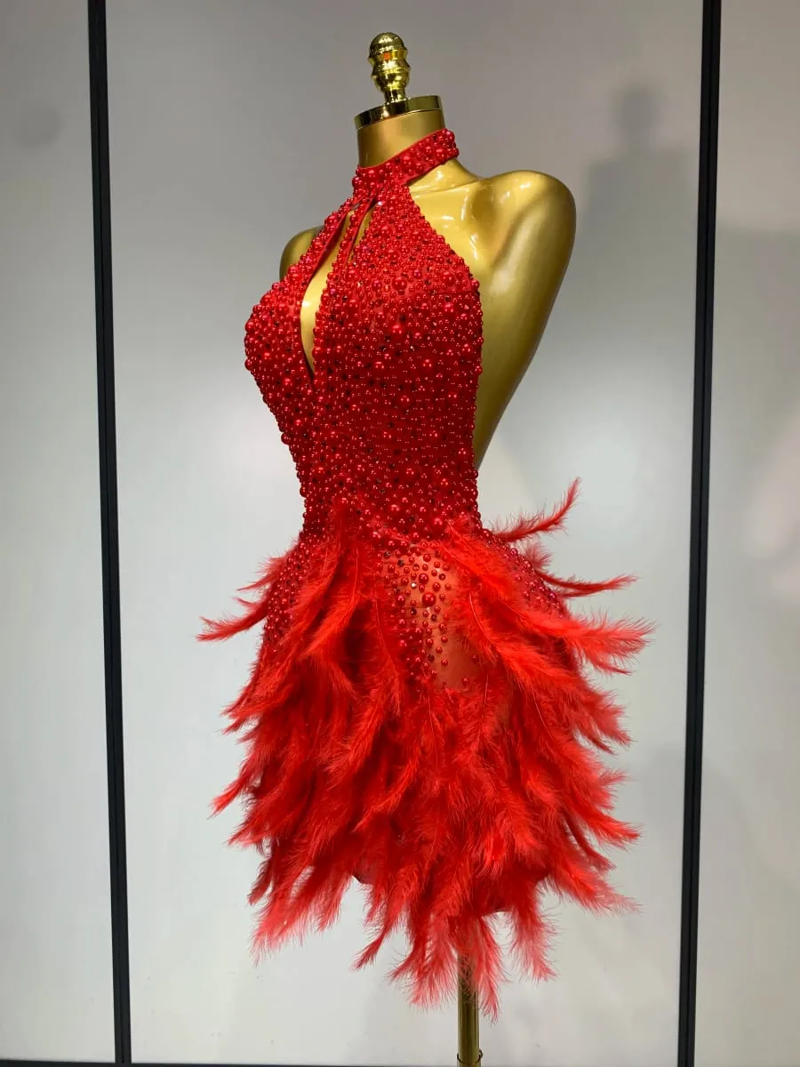 Luxo strass pérolas halter sem costas curto penas vestido feminino sexy celebrar aniversário vestido desempenho traje de dança — image 2