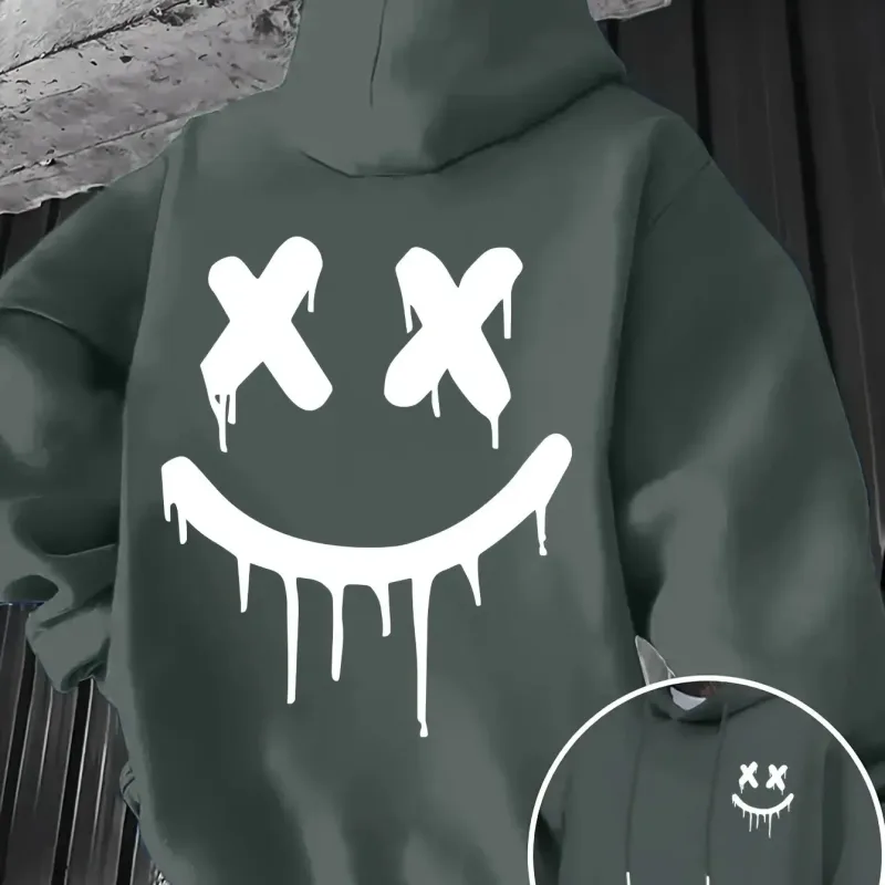 Smiley face print men's and women's autumn winter trendy printed hooded fleece sweatshirt front back casual hoodie — image 6