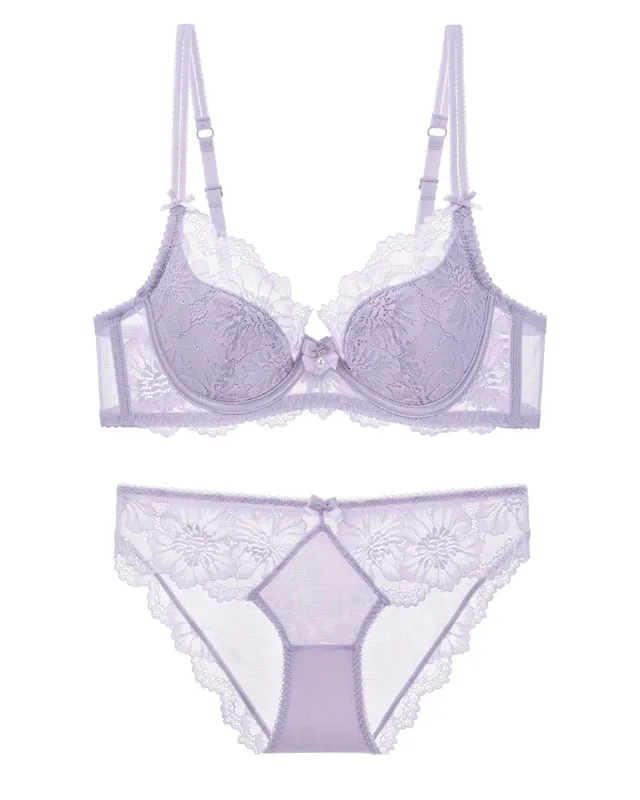 Women Lace Bra Panty Set Summer Thin Push Up Side Support Anti Sag Sexy Pure Desire Lingerie Underwear Suit 32‑38 — image 12