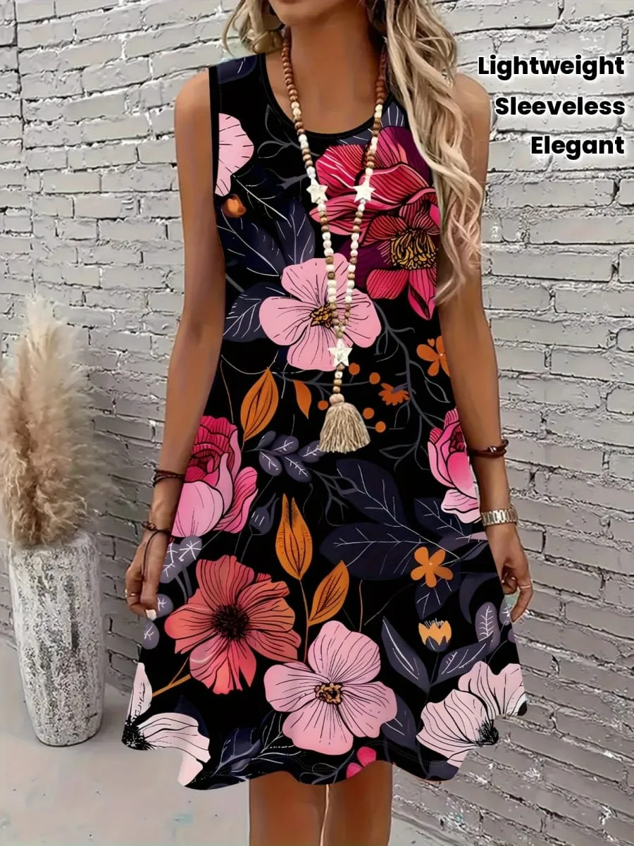 2026 New Elegant Black Floral Dress Women Sleeveless Slim Fit Sundress Stylish Flower Print Office Lady Casual daily Dresses — image 2