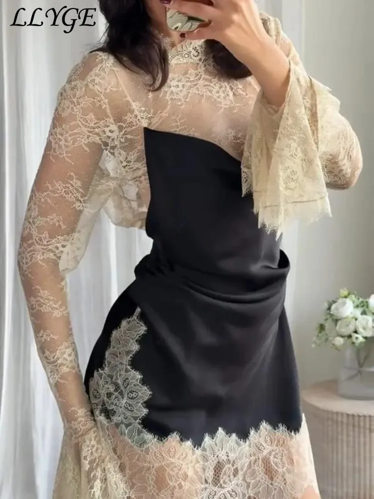 Elegante renda retalhos vestido curto feminino ver através de gola alta manga alargamento vestidos de festa 2025 outono senhora roupões de noite — image 7