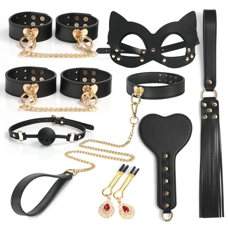 Conjunto de roleplay de escravo, algemas de couro, tornozelo, máscara de mordaça, chicote, coleira, brinquedos sexuais para mulheres, casais, kit de bondage bdsm — image 1